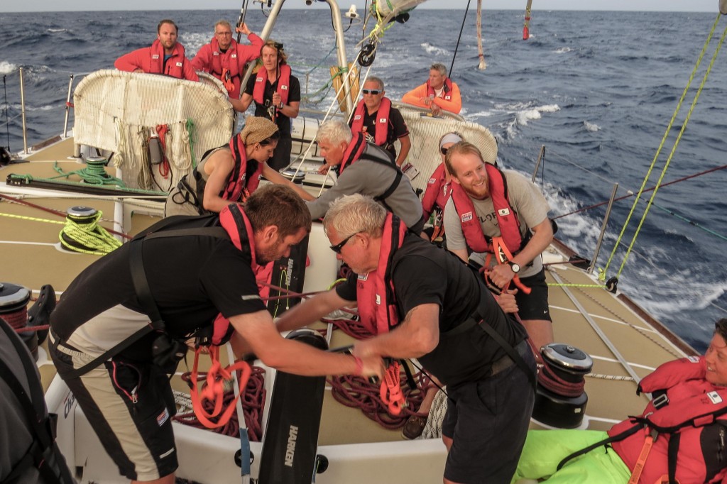 Clipper Race 2014-15. Leg 1, Day 10. London to Rio on board LMAX Exchange. September 09, 2015. Another round of Ground Hog day with Code 2 spinnaker sailing, gybing and trimming. Photo by Kristi Wilson